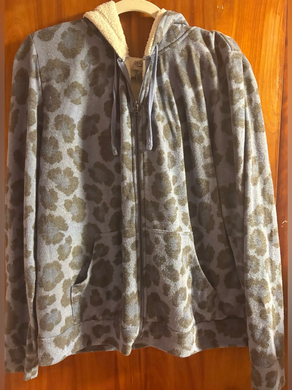 Cozy Blue & Grey Leopard Print Fleece Lined Zip-Up Hoodie Size XL